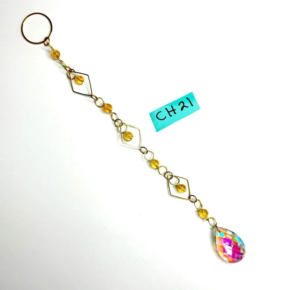 Citrine Bead Wall Hanging | Gold Diamond Frame | Aurora Borealis Teardrop Prism